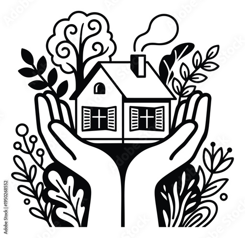 Line art illustration of hands holding house with plants depicting real estate protection and care for property insurance design