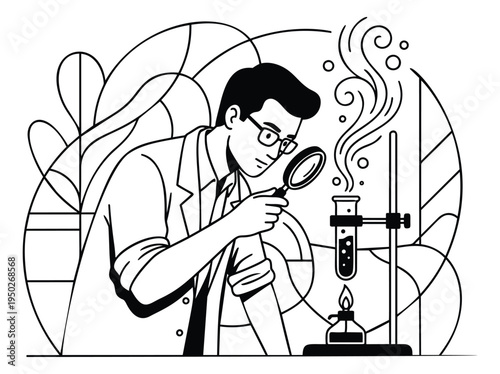 Line art illustration of scientist examining specimen depicting laboratory research for scientific and educational design