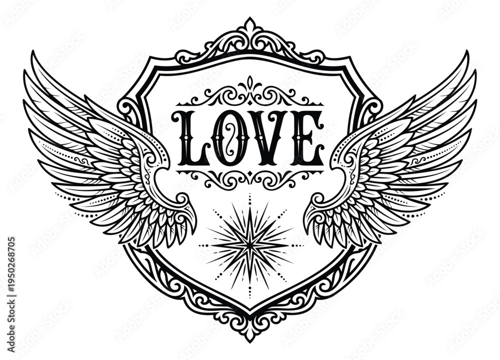 Fototapeta premium Engraving style illustration of ornate love emblem with wings depicting vintage heraldic badge for wedding and romance design