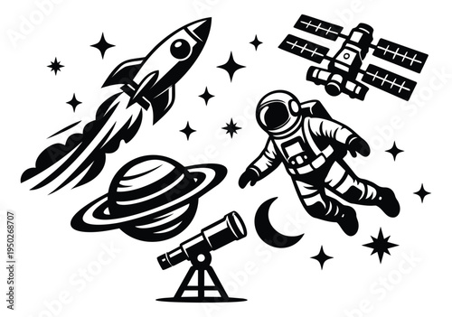Bold silhouette illustration set featuring space exploration elements with astronaut, rocket and satellite for cosmic design