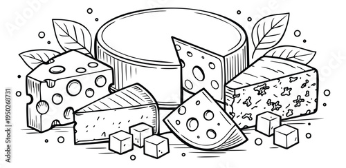 Line art illustration of cheese platter composition depicting various cheese types and garnishes for culinary design