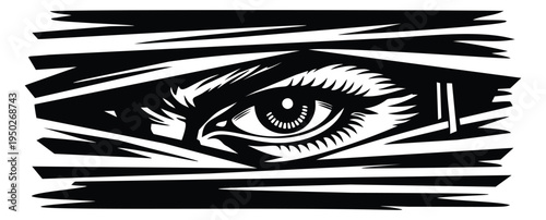 Engraving illustration of human eye peeking through broken boards depicting surveillance and secrecy for mystery design
