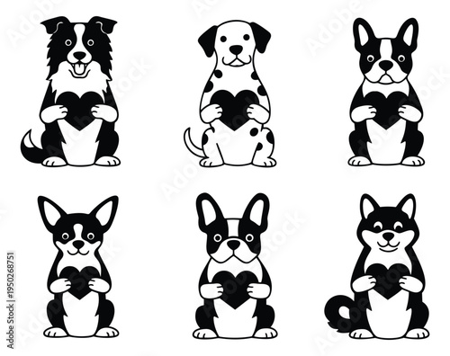 Cartoon icon set of 6 featuring dogs holding hearts for pet adoption and animal care design