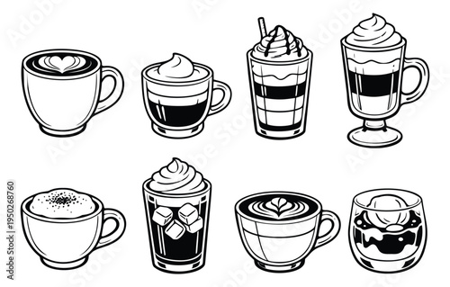 Line art icon set of 8 coffee beverages featuring espresso, latte and cappuccino varieties for cafe menu design