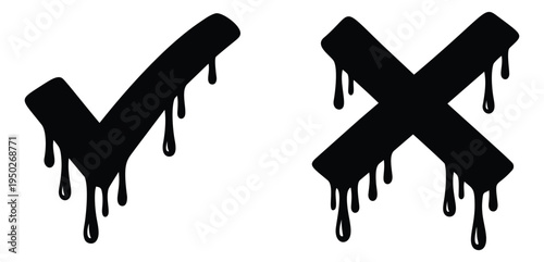 Graffiti style icon set of 2 featuring dripping checkmark and cross symbols for urban design and approval interface
