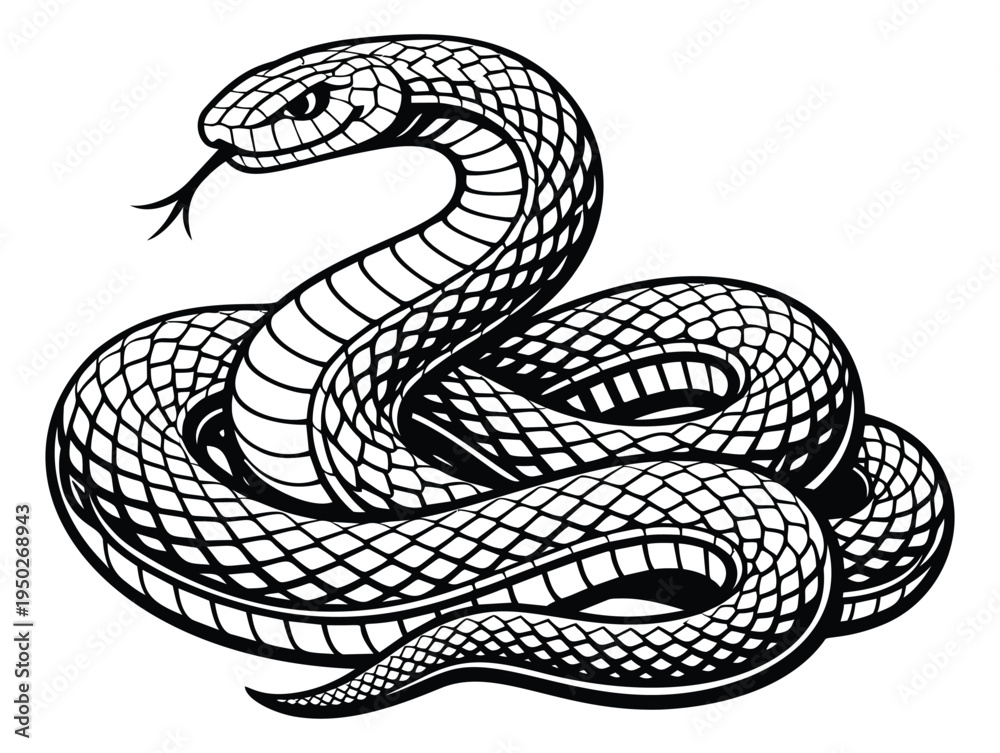 Fototapeta premium Engraving illustration of coiled serpent depicting detailed scale patterns for vintage tattoo and mystical design