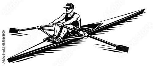 Bold silhouette illustration of rowing athlete depicting competitive sculling motion for sports and fitness design