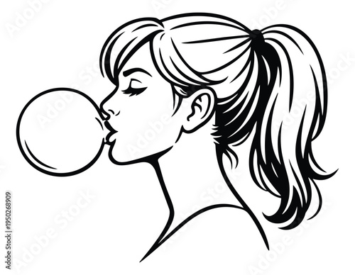 Line art illustration of woman blowing bubble gum depicting playful youth style for pop culture design