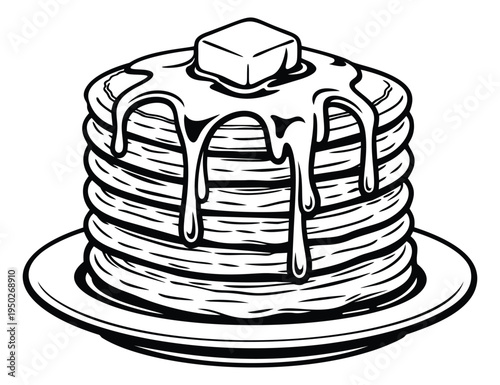 Line art illustration of stacked pancakes with butter and syrup depicting breakfast food for culinary design