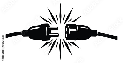 Bold silhouette illustration of connecting electrical plugs depicting power connection spark for energy and technology design