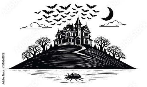 Engraving illustration of haunted mansion depicting gothic architecture on hill for halloween design