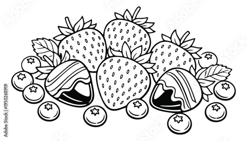 Line art illustration of fresh berry assortment depicting strawberries, blueberries and leaves for healthy food design