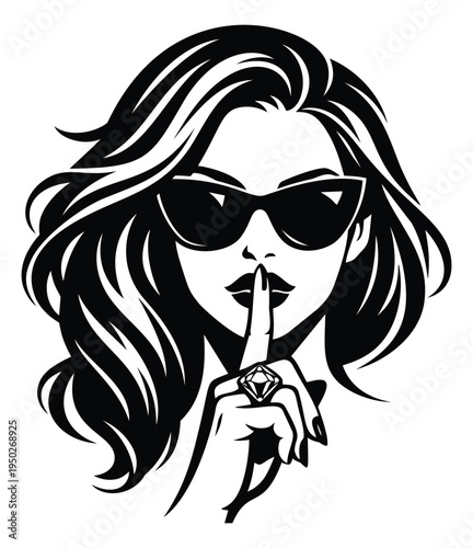 Bold silhouette illustration of glamorous woman with sunglasses depicting mystery gesture for fashion and beauty design
