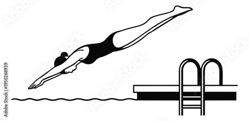 Silhouette illustration of swimmer diving from pool platform depicting athletic dive for sports design