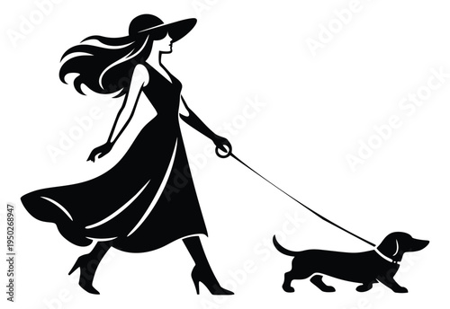 Silhouette illustration of elegant woman walking dachshund dog depicting outdoor activity for lifestyle design
