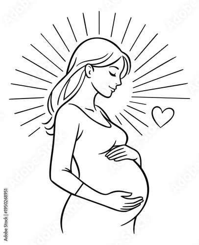 Line art illustration of pregnant woman depicting maternity and motherhood for prenatal care design