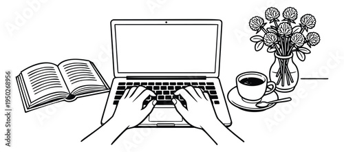 Line art illustration of workspace with hands typing on laptop depicting remote work setup for freelance and home office design