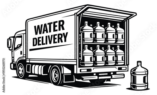 Bold line art illustration of water delivery truck depicting bottled water distribution service for logistics and beverage industry