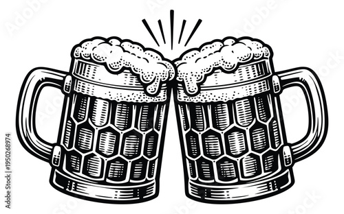 Engraving illustration of two beer mugs toasting depicting celebration and cheers for beverage and pub design
