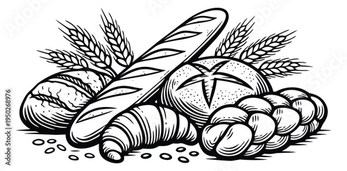 Engraving illustration of fresh bakery products depicting bread, croissants and wheat for culinary and food design