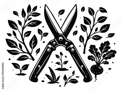 Woodcut illustration of garden shears depicting pruning tools with botanical elements for horticulture and farming design