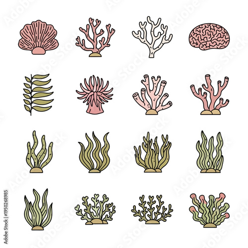 Colorful Underwater Coral Reef Elements Collection, Marine Life Icons