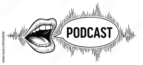 Engraving illustration of open mouth speaking podcast depicting audio soundwave for broadcasting and media design