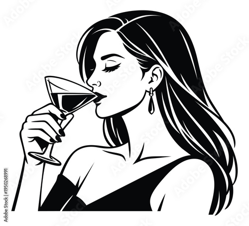 Bold line art illustration of elegant woman drinking martini depicting sophisticated lifestyle for fashion and luxury design