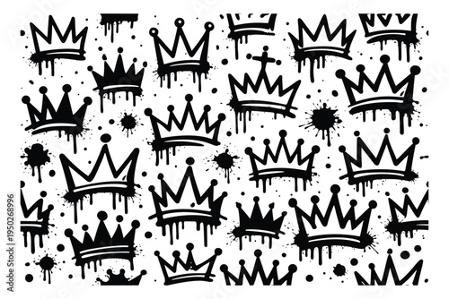 Graffiti icon set of 24 crown symbols featuring dripping spray paint and splatter effects for urban street art design