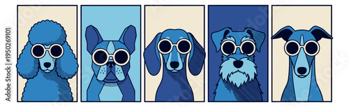 Cartoon icon set of 5 dogs wearing sunglasses featuring stylish pet portraits for animal and fashion design