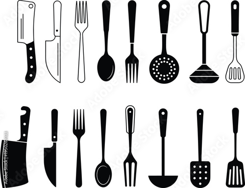 Kitchen utensils and cooking tools icon set, black silhouette cutlery collection including knife, fork, spoon, ladle and spatula for restaurant menu design