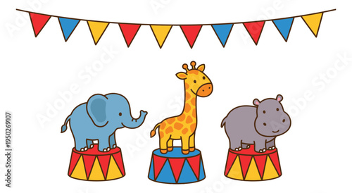 Cartoon illustration of circus animals on podiums depicting elephant, giraffe and hippo for children's entertainment design