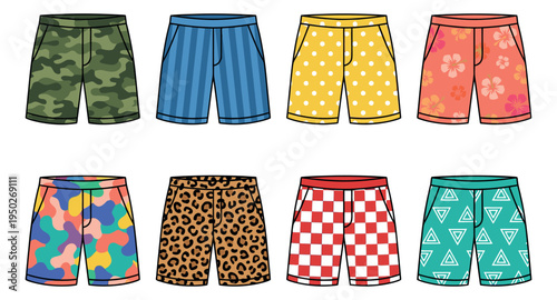 Cartoon icon set of 8 patterned shorts featuring camouflage, stripes, polka dots and checkered designs for summer fashion