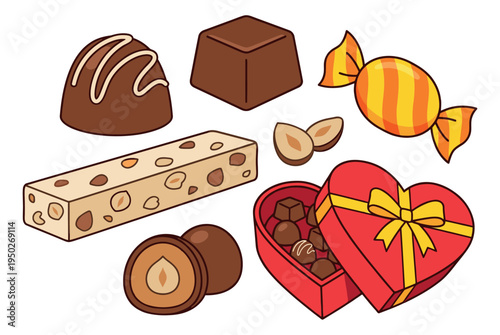Cartoon icon set of 7 chocolate candies featuring truffles, nougat and heart gift box for sweet confectionery design
