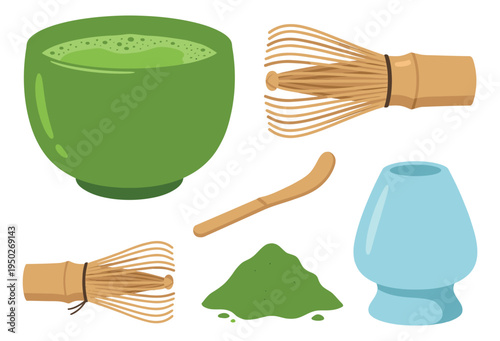 Flat illustration set of 6 matcha tea ceremony tools featuring bowl, whisk and powder for Japanese beverage design