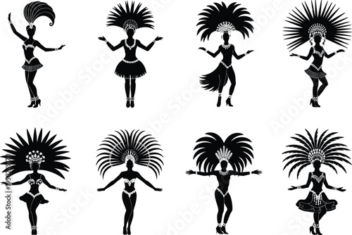 Carnival samba dancer silhouettes isolated on white background, Brazilian festival costume vector illustration collection