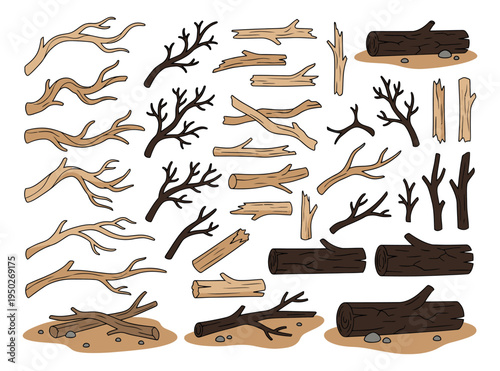 Cartoon icon set of wood elements featuring branches, logs and twigs for nature and craft design