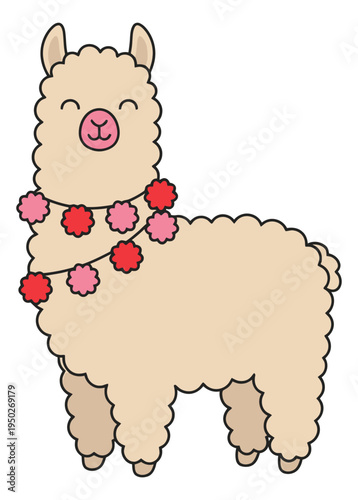 Cartoon illustration of cute llama wearing flower garland depicting festive animal character for party and celebration design
