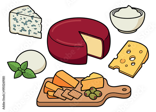 Cartoon illustration set of cheese varieties featuring blue cheese, gouda wheel, mozzarella and toppings on wooden board for culinary design