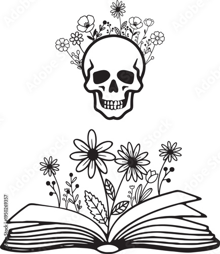 Minimalist Gothic Book and Skull Illustration with Wildflowers, Line Art Aesthetic
