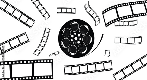 Film reel and film strip silhouettes set, cinema movie production concept, vintage filmmaking elements, isolated media illustration collection