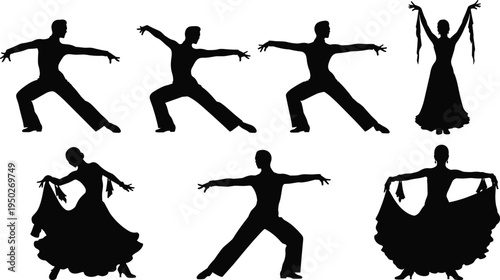 Flamenco dancers silhouettes set, Spanish dance performance poses, traditional cultural dance illustration, passionate movement, isolated black figures collection