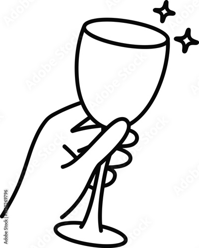 Hand holding sparkling wine glass icon, clean drinking glass hygiene concept line vector illustration for bar, restaurant sanitation and glassware cleaning service