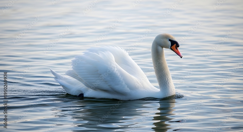 Obraz premium A majestic white swan glides effortlessly across the calm water surface