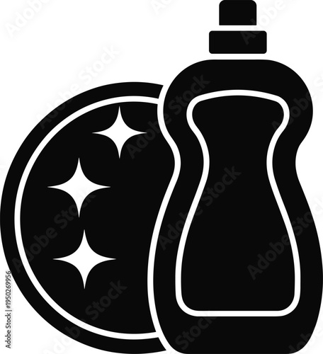 Dishwashing liquid bottle with sponge and sparkling plate icon, kitchen cleaning hygiene symbol, household detergent vector illustration for dish washing service concept