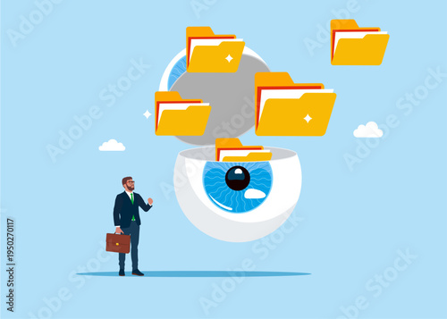 Open eyes to see files folder. Arrange online data, paperwork concept, file management, organize document files into archive folders. Flat vector illustration