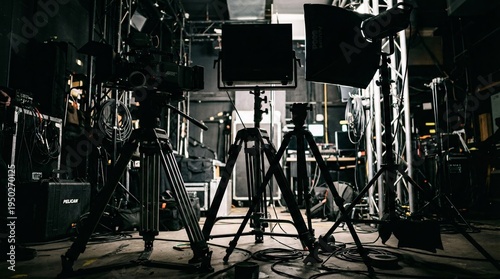 A professional video production studio with camera and lighting equipment set up for filming, showcasing the essentials for quality video creation. Generative AI.