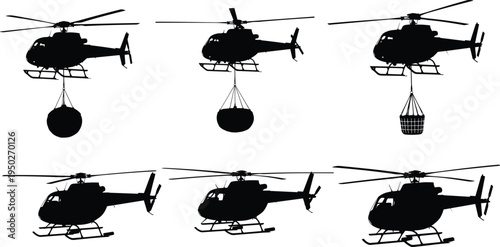 Helicopter silhouette collection with cargo sling load, aerial transport aircraft set, rescue aviation illustration isolated vector design