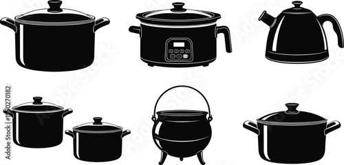 Kitchen cookware silhouettes set, cooking pots slow cooker kettle and cauldron collection, household kitchen equipment vector illustration isolated