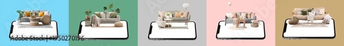 Collage of comfortable sofa...